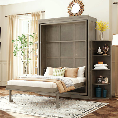Grand lit escamotable rotatif avec armoire murale cachée, deux tablettes latérales à 3 niveaux, bureau convertible, supports de rangement supplémentaires, lit mural multifonctionnel peu encombrant pour le bureau à domicile et les petites pièces