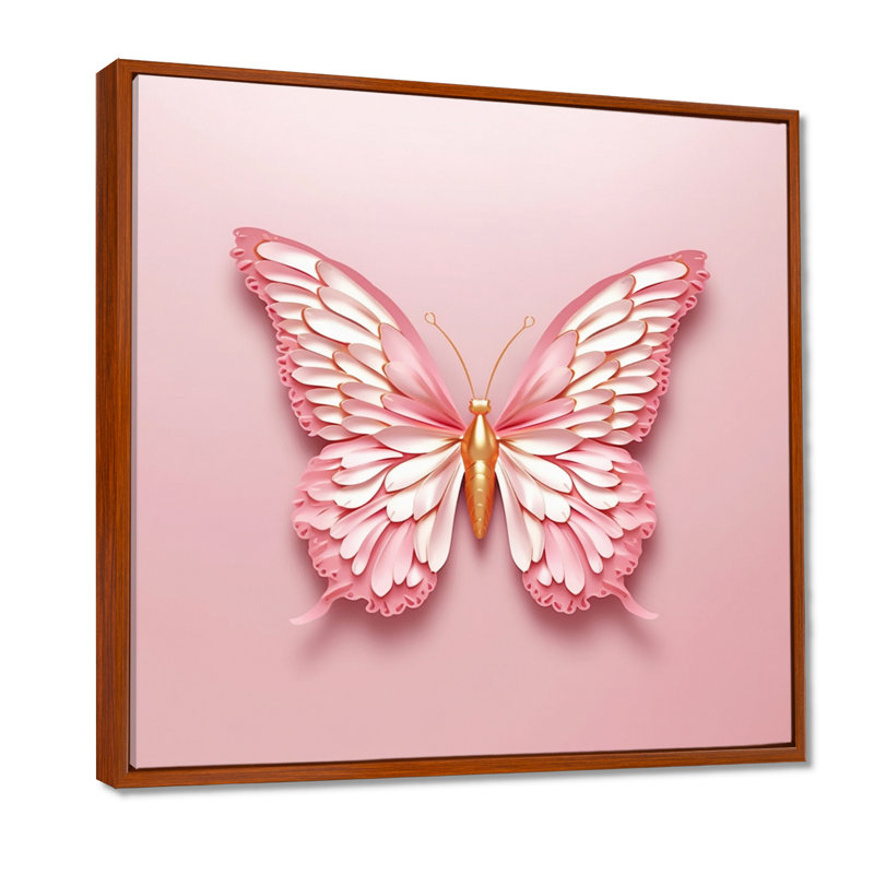 Décoration murale papillon rose et or III, H 16 po x l 16 po x P 1 po, Cadre flottant brun