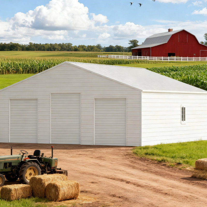 39ft Metal Garage, Storage Shed With 3 Rolling Doors, Reinforced Roof, 16 - Gauge Square Tube, Cream Color, Long Term Performance By Barn For Vehicle And Equipment Storage, 2 Windows, Main Frame,