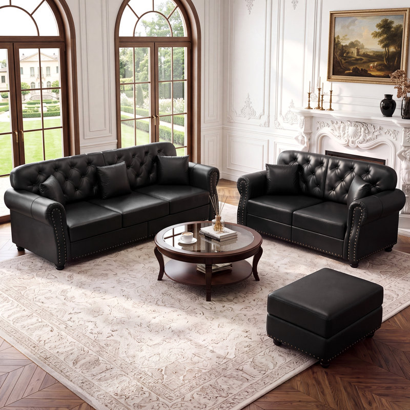 Ensemble de salon 3 pièces Mid-Century Chesterfield, Noir