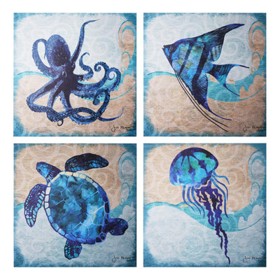 Ensemble de 4 impressions sur toile 50 x 50 cm (20 x 20 pouces) représentant une pieuvre, une tortue et une méduse, sur un thème marin côtier.