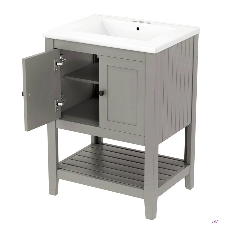 Lavabo de salle de bain moderne élégant en céramique 24 po avec tablette ouverte en bois massif, Gris