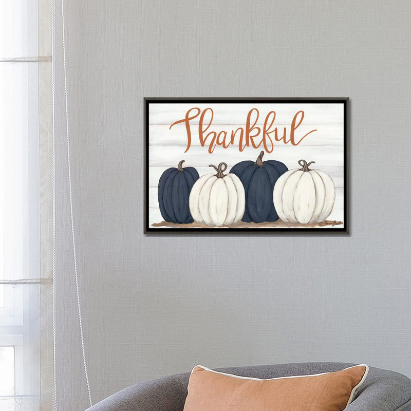 «Thankful Pumpkins» par Sara Baker - reproduction d'art, Toile avec cadre gris, Aucun mat, H 18 po x l 26 po x P 1,5 po
