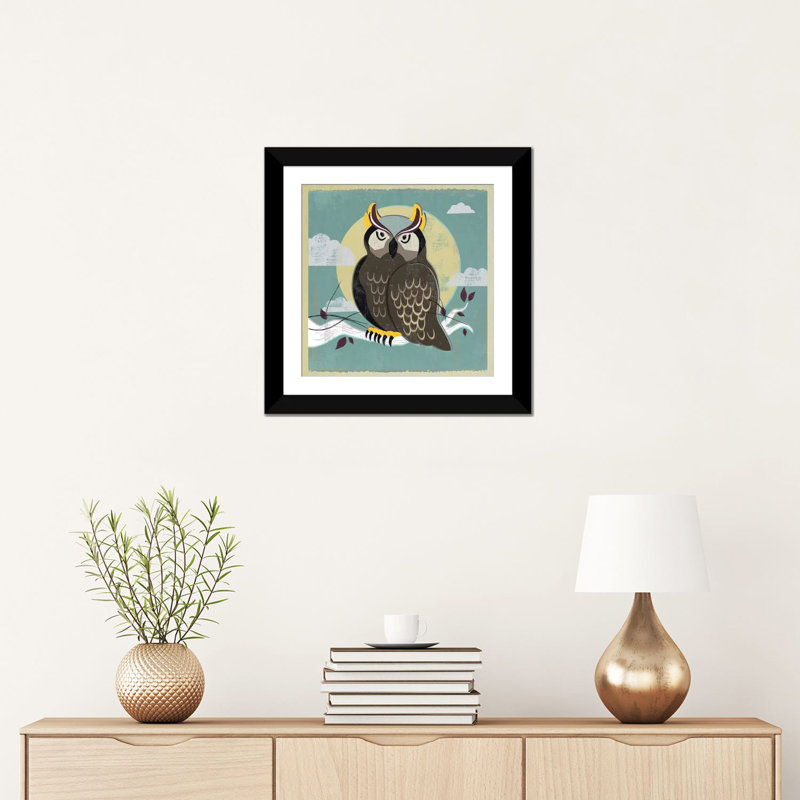 «Perched Owl», reproduction sur toile, H 16 po x l 16 po x P 1 po, Papier avec cadre noir, Blanc
