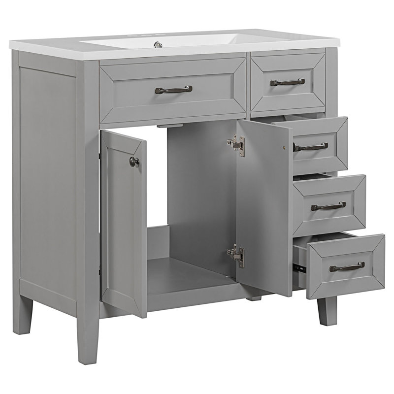 Ensemble de meuble-lavabo avec lavabo, armoire de salle de bain à 3 tiroirs, armoire d'appoint et armoire de rangement, Gris
