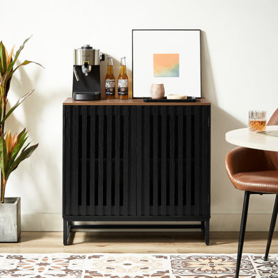 Black Cabinet With Grille Striped Door, And Metal Leg, Modern Design For Various Rooms, Ample Storage Space Style Metal, Spacious Bedroom, Living Room, Multipurpose