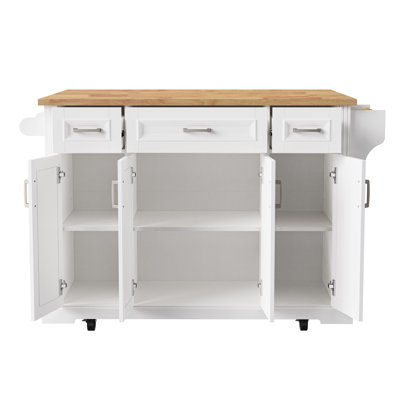 54" Large Kitchen Island with Rubber Wood Drop Leaf, Rolling Kitchen Cart on Wheels with 4 Doors & 3 Drawers, Rustic Kitchen Island with Storage