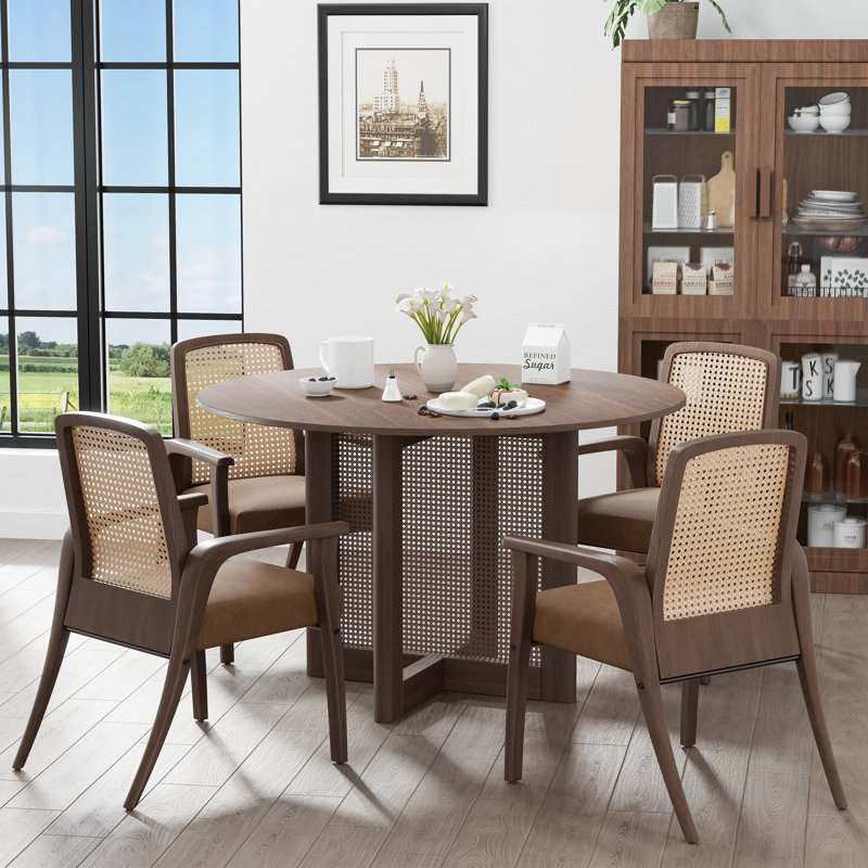 Table de salle à manger ronde en bois massif avec piédestal en rotin, H 30 po x L 46 po x l 46 po, Noyer