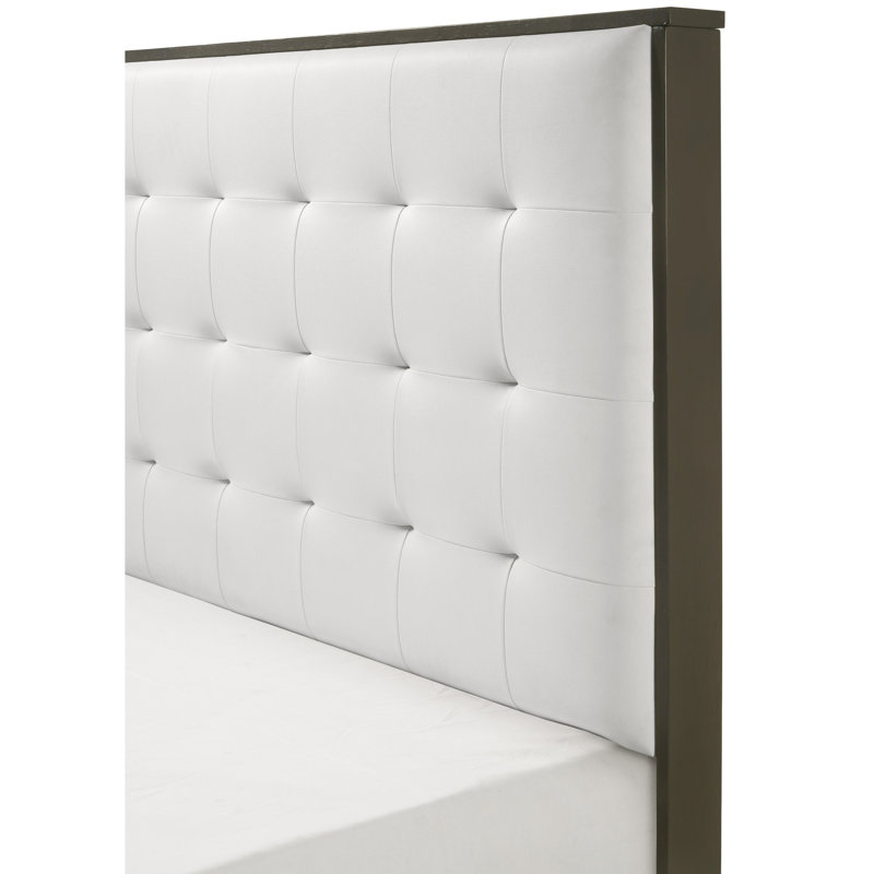 Wooden Full Size Bed With Headboard In Gray And Beige Fabric Modern Button Gray Upholstery, Full