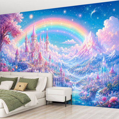 Wall Mural Peel and Stick Wallpaper Fantasy Castle Landscape Rainbow Mountains Blossoming Gardens Self-Adhesive Removable Contact Paper Wall Decor for Living Room Bedroom 69"H x 96"W