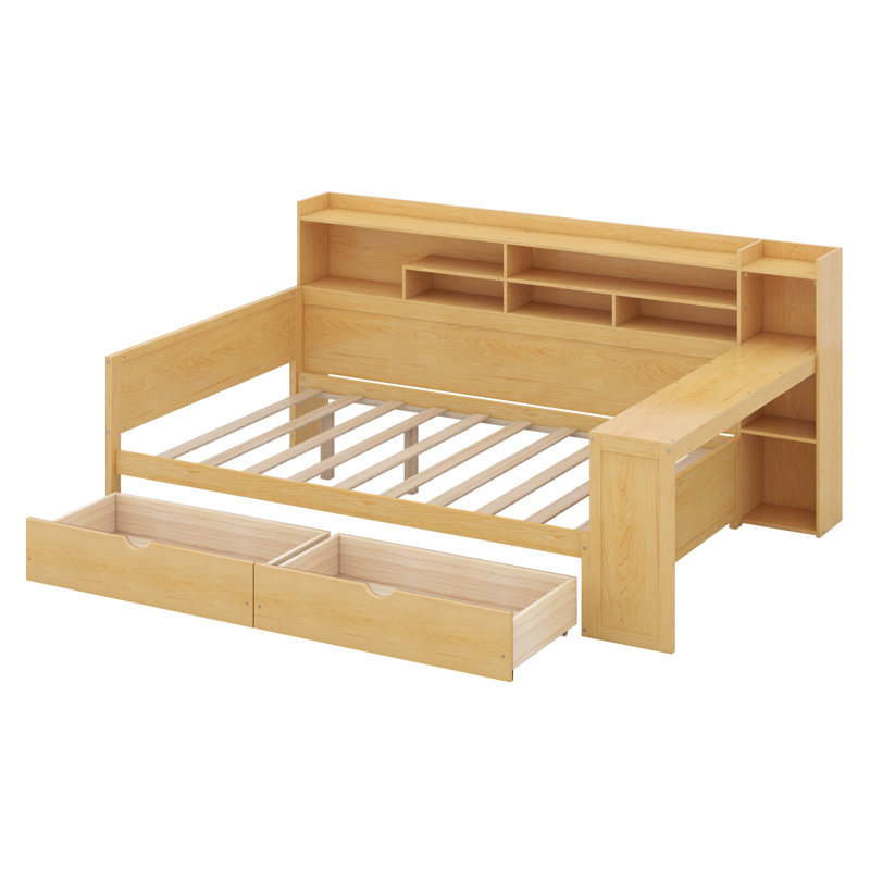 Tiaisha Full Size Multi-functional Bed with Two Storage Drawers and Study Desk, Natural