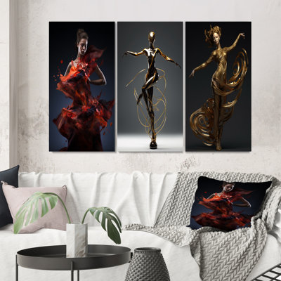 Danse éblouissante dans une robe rouge liquide - Ensemble de 3 pièces d'art pour femme