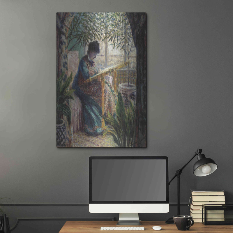 «Madame Monet Embroidering» par Claude Monet, art mural en métal, H 16 po x l 12 po