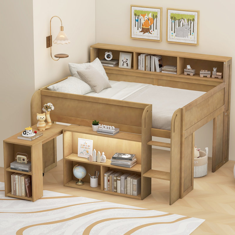 Loft Bed With Desk, Led And Multiple Shelves, Walnut