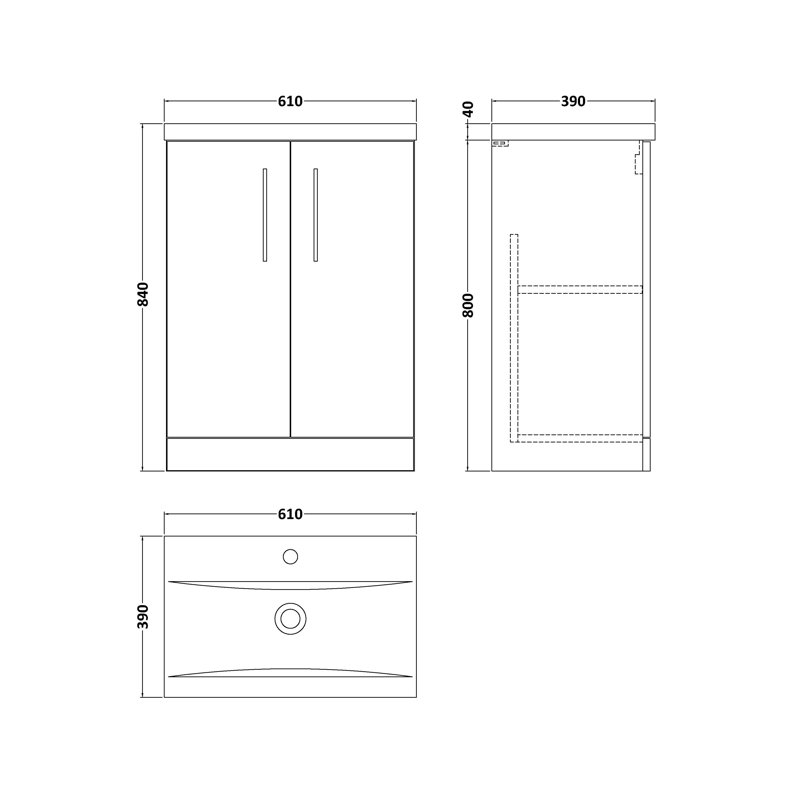 610mm Single Bathroom Vanity with Drop In Vitreous China Basin, Bleached Oak