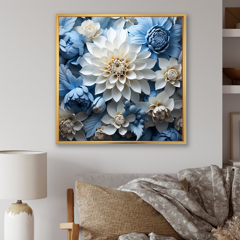 Dahlia symphonie blanche et bleue II sur toile, Cadre flottant doré, H 30 po x l 30 po x P 1 po