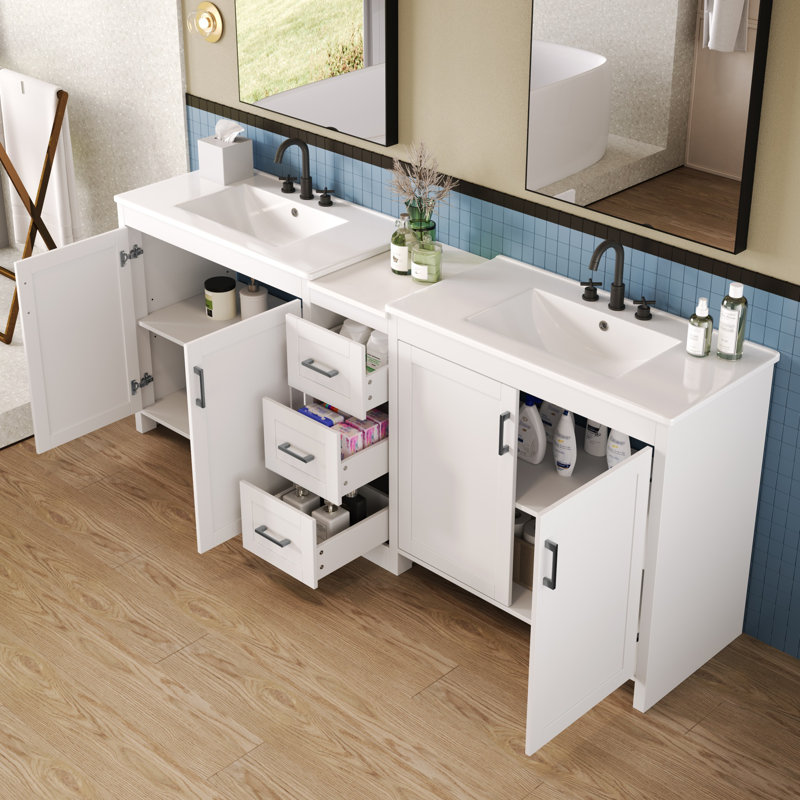Ensemble de meuble-lavabo double 84 po avec 3 tablettes réglables et 3 tiroirs, Blanc