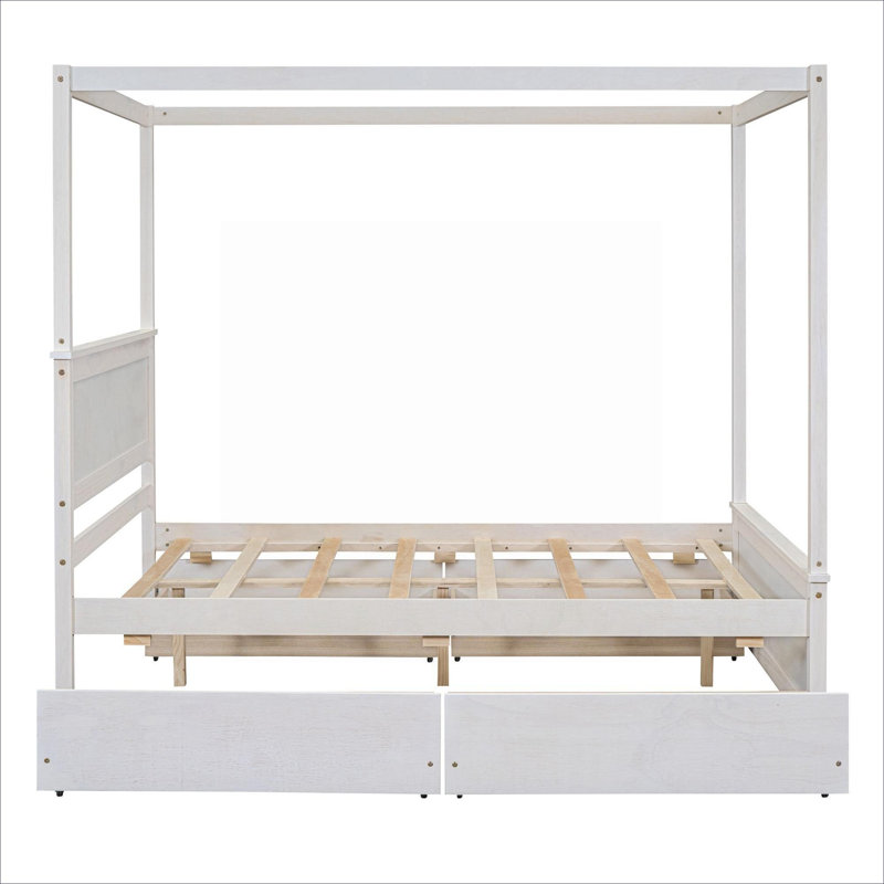 Lit plateforme moderne à baldaquin avec rangement et quatre tiroirs intégrés, aucun sommier requis, bois massif blanc pur