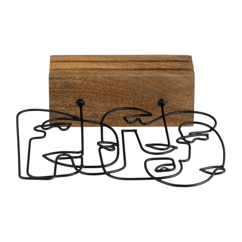 Metal Abstract Faces Table Deco, Black and Brown, Unique Sculpture Crafted with Iron and Wood
