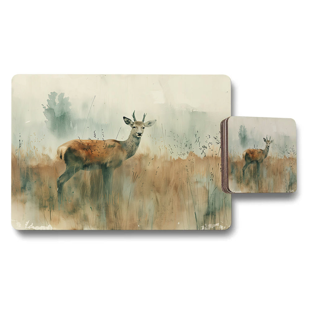 Watercolor Deer Placemat and Coaster Set for Rustic Kitchen Decor