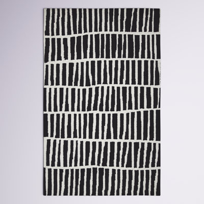Tapis noir / ivoire / crème en laine fabriqué à la main à motif géométrique Odalis