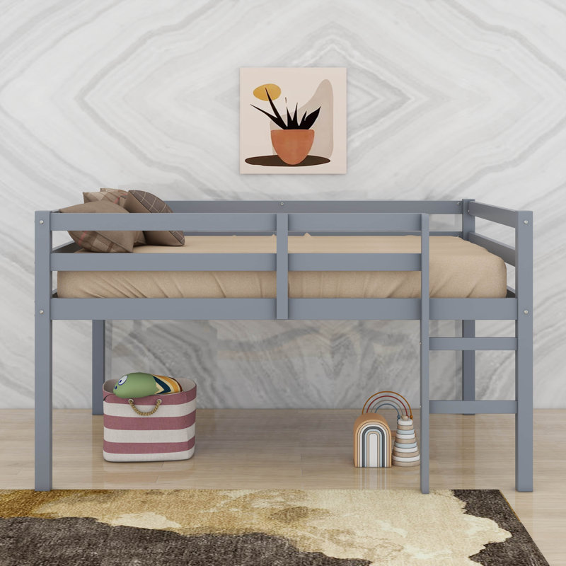 Full Rubber Wood Loft Bed With Ladder, Gray