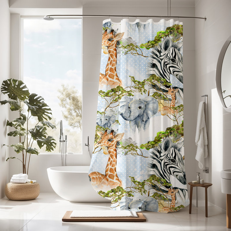 Animal Print and Floral Shower Curtain, 83" H x 70" W