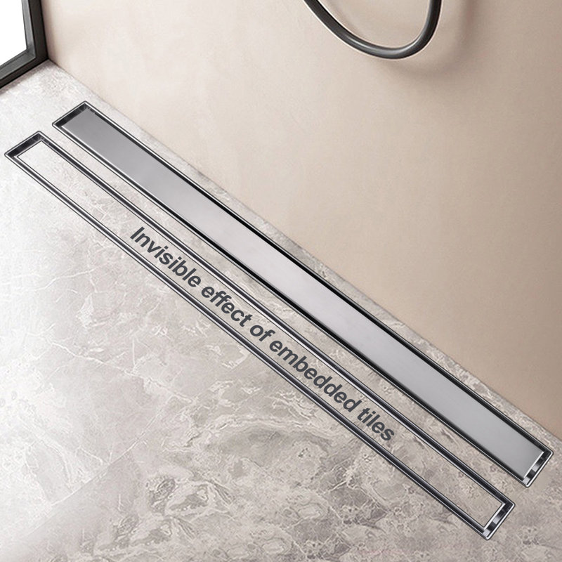 Stainless Steel  Linear Tile-In Shower Drain With Hair Strainer, Removable Cover And Lifting Hook, Brushed Nickel