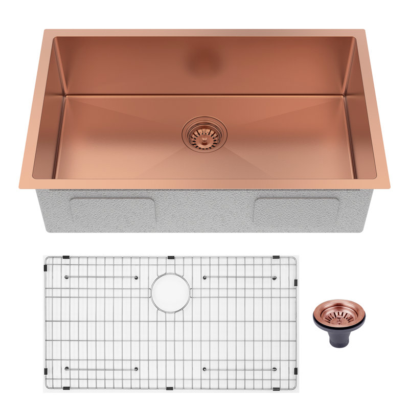 30'' L Undermount 16-Gauge Stainless Steel Single Bowl Kitchen Sink, Rose Gold