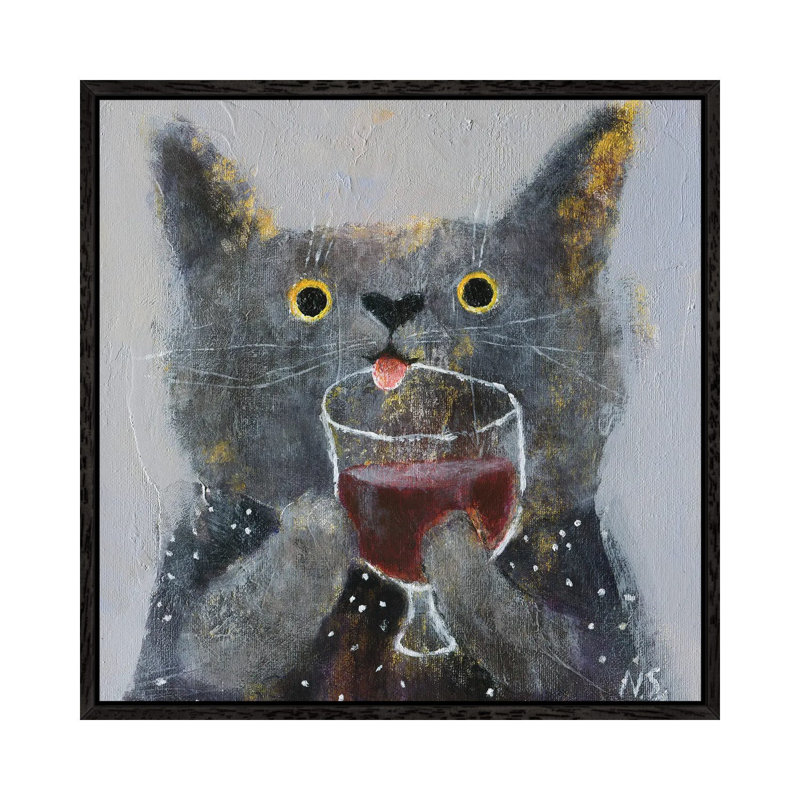 The Cat with Glass of Wine 1 Piece Painting on Canvas, 93.98cm H x 93.98cm W x 3.81cm D, Black Framed