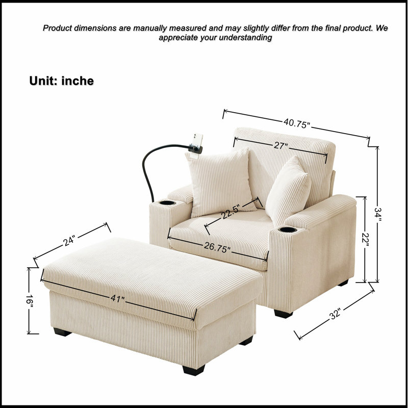 Chaise longue surdimensionnée avec repose-pieds et rangement, revêtement en velours côtelé confortable, porte-gobelet, support pour téléphone et port USB pour le salon et la chambre à coucher
