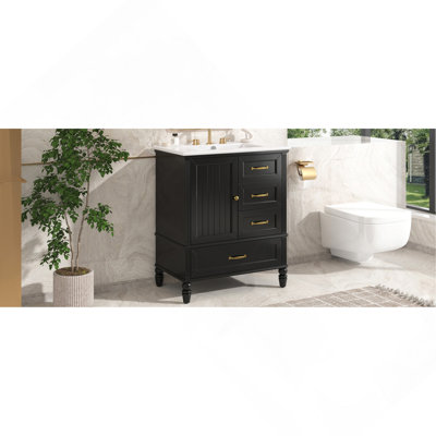 30" Bathroom Vanity with Sink, Bathroom Cabinet with A Door, Three Drawers, Solid Wood Legs & MDF Board, Adiustable Foot Pads, Black