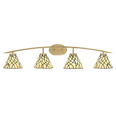 Kurve 4 Light Bath Bar Shown In New Age Brass Finish With 7" Sandhill Art Glass