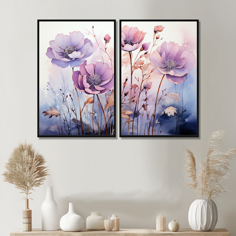 Mauve et fleurs mystiques II - art mural moderne 2 panneaux, Impression encadrée flottante, Noir, H 36 po x l 48 po