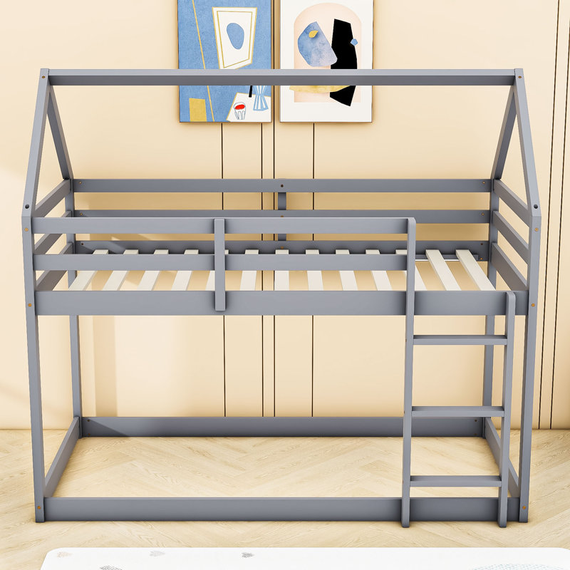 Arcelin Twin Over Twin Wood Bunk Bed With Ladder And Guardrails, Gray