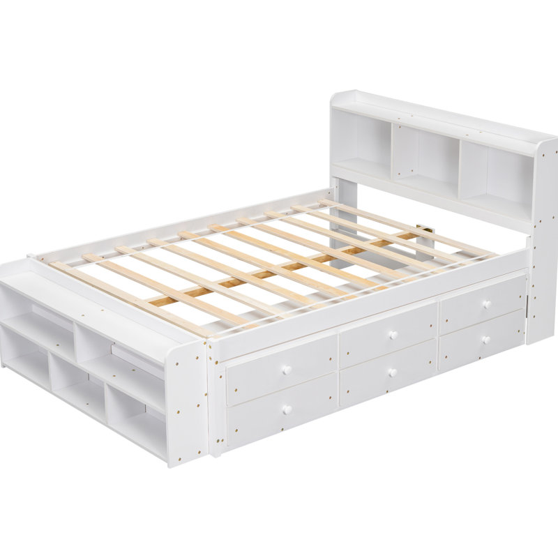 Full Size Bed With Bookcase Headboard And Under Storage, White End Case Featuring Bookcase, Storage &