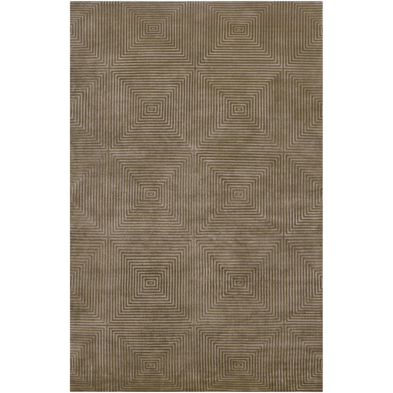 Tapis olive / beige en laine noué à la main à motif géométrique Elora, Rectangle 5 pi x 8 pi