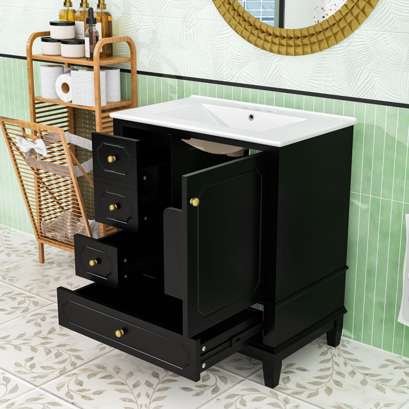 Meuble-lavabo simple contemporain en bois avec lavabo en céramique, charnières à fermeture en douceur et tablettes intégrées