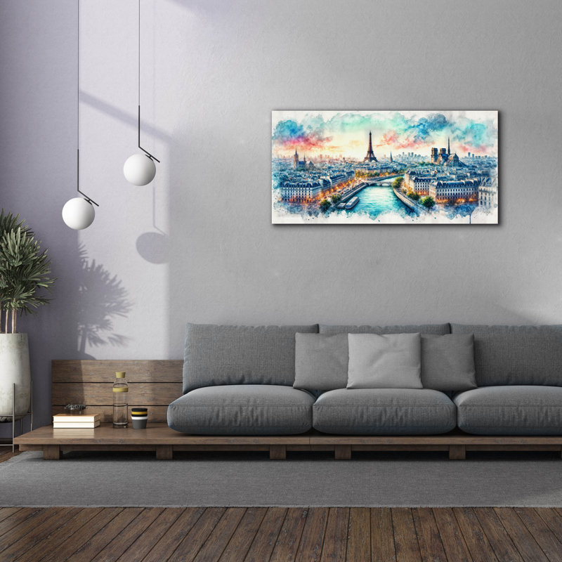 «Paris France Watercolor» par Rey Klimt, art mural sur toile, H 30 po x l 60 po