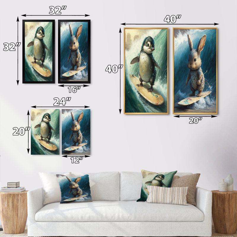 «Bird Surfing», 2 pièces sur toile, H 32 po x l 32 po, Cadre noir