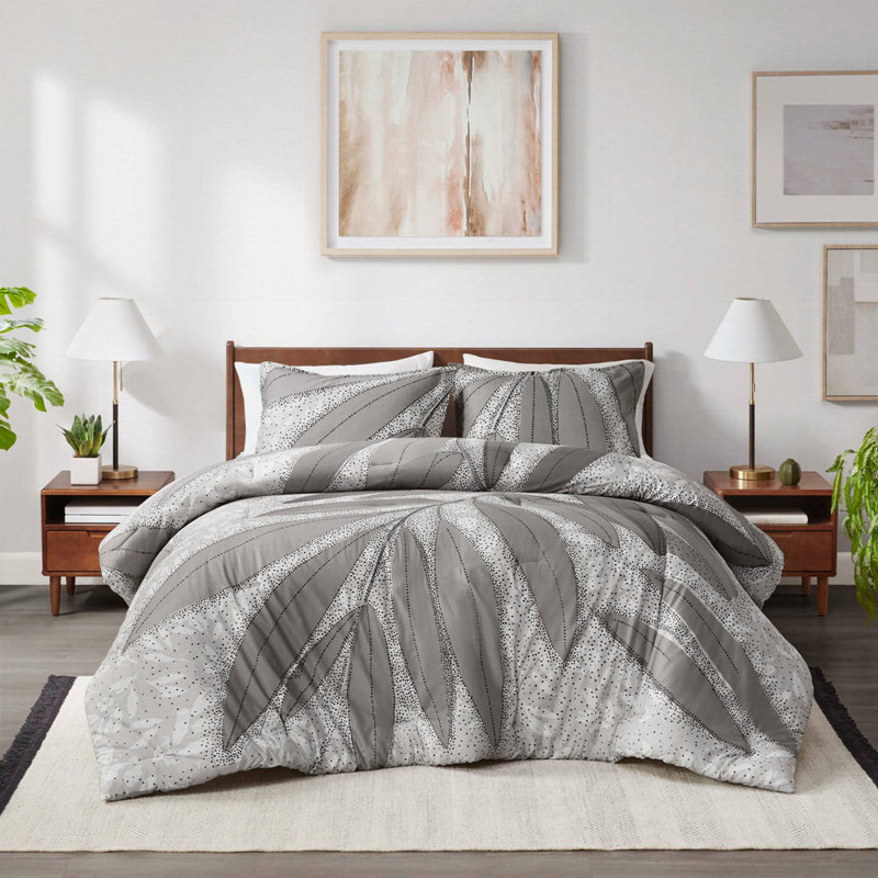 3 PCS Full/Queen Botanical Cotton Comforter Set Gray