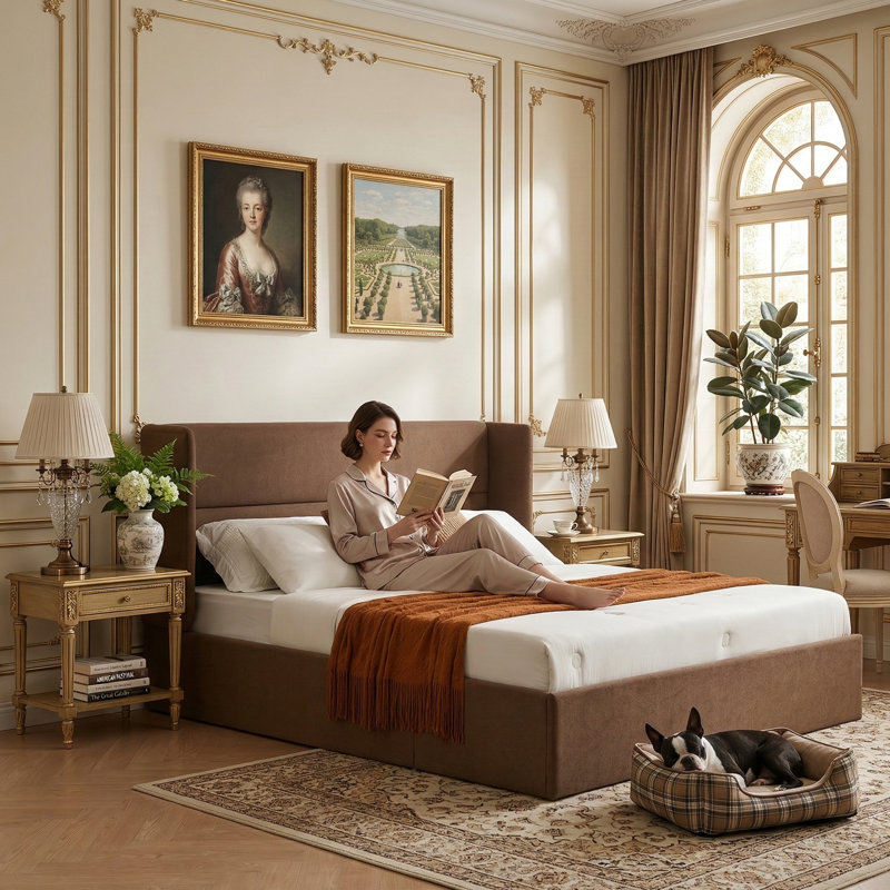 Lit plateforme tapissier avec rangement Gaillarde, Grand, Café