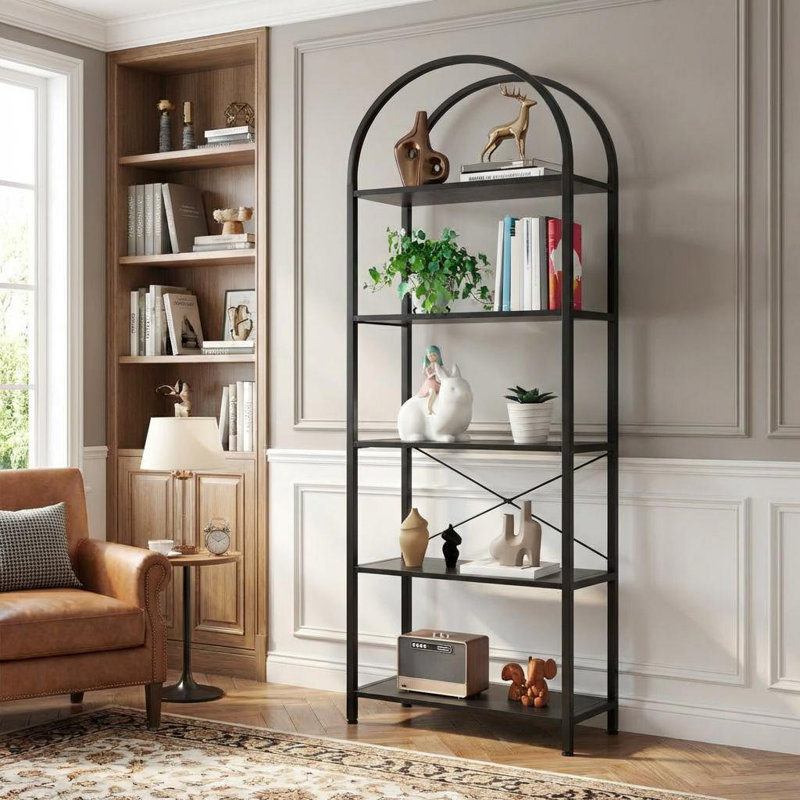 Arched 5-Tier Industrial Bookshelf, Freestanding Open Bookcase with Metal Frame, Modern Display Storage Shelf for Living Room, Bedroom, or Home Office