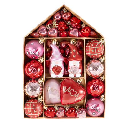  50Pcs Valentines Heart Shaped Ornaments Gift Pack, Christmas Craft Painted Tree Heart Gnome Decorations, Pink Red Gold Christmas Baubles Hanging Party Wedding Anniversary Decor
