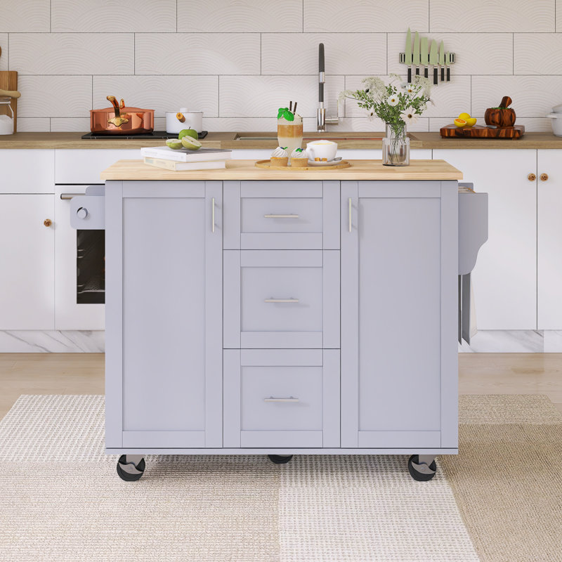 50" Rubber Wood Countertop Kitchen Cart With Spice Rack & Towel Rack, Gray
