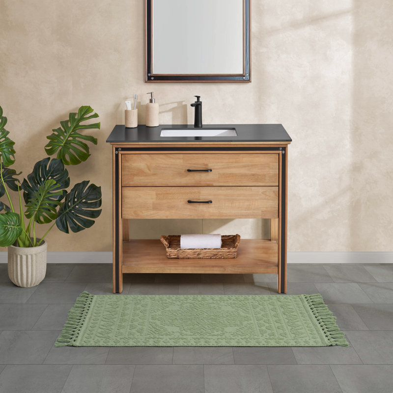 French Connection Nellore Fringe Machine Washable Cotton Bath Rug, 49" L x 26" W, Seedling Green