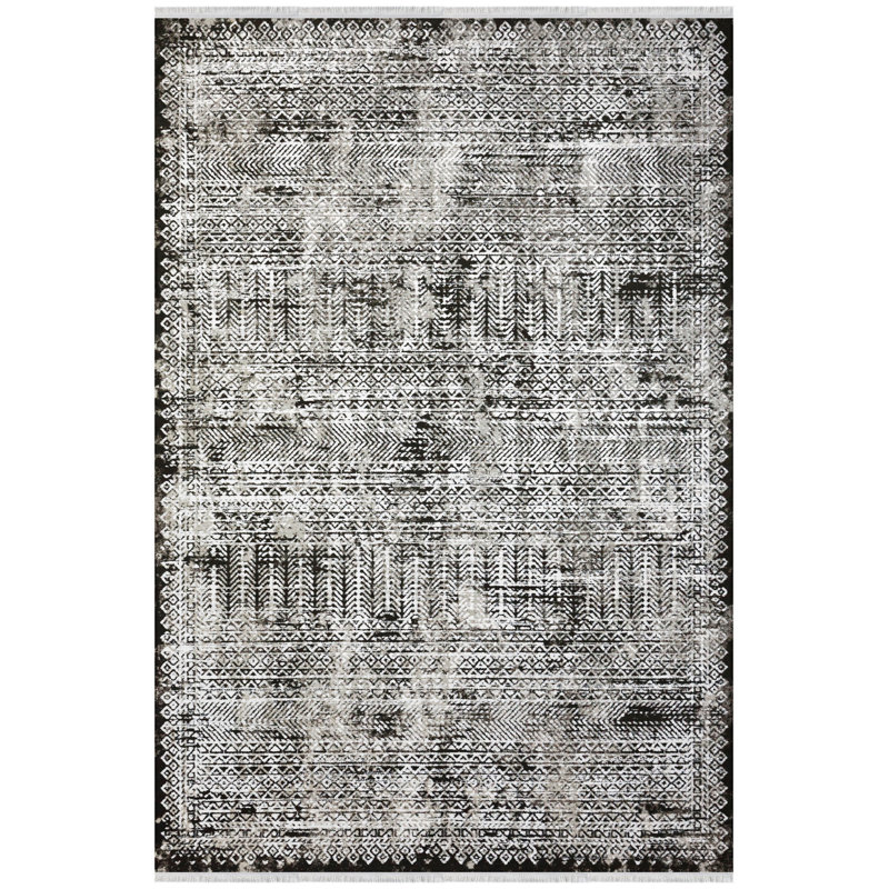 Tapis abstrait noir / crème noué à la main Frede, Rectangle 2 pi 7 po x 4 pi 11 po