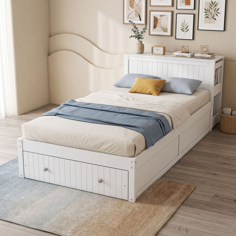 Twin Platform Bed with Integrated Desk and Storage Shelves, Drawer, Blanc