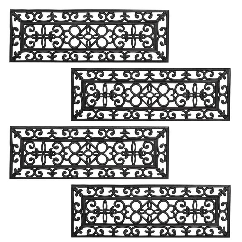 Elegant Black Rubber Scrollwork Non-Slip Stair Treads, 30 x 10 in, Pack of 4