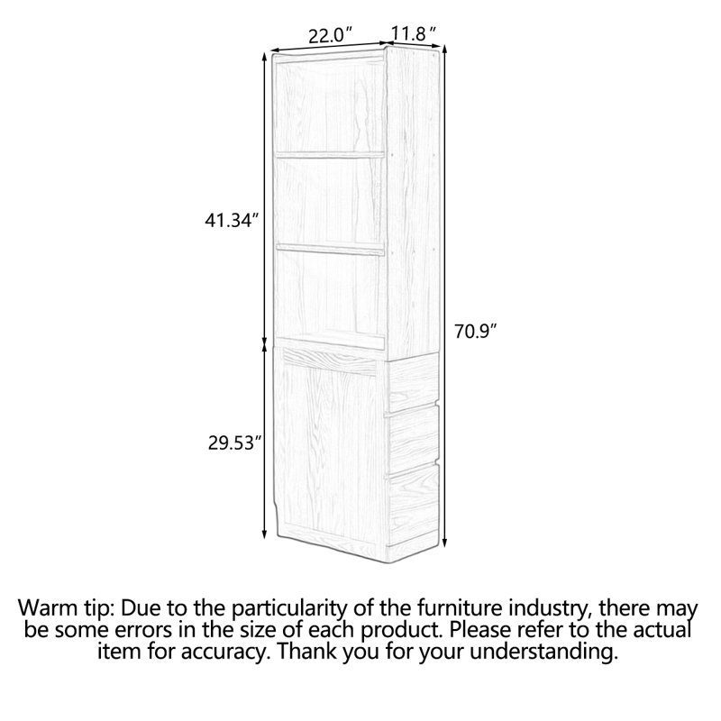 Narrow Solid Wood Display Cabinet with Side Drawers, Natural Wood, (3 Shelves) 70.9"H x 22"W x 11.8"D